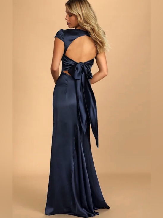 Lulus Dresses & Skirts - Lulus NWT Celebration Of Romance Navy Satin Back Tie Maxi Dress Gown L